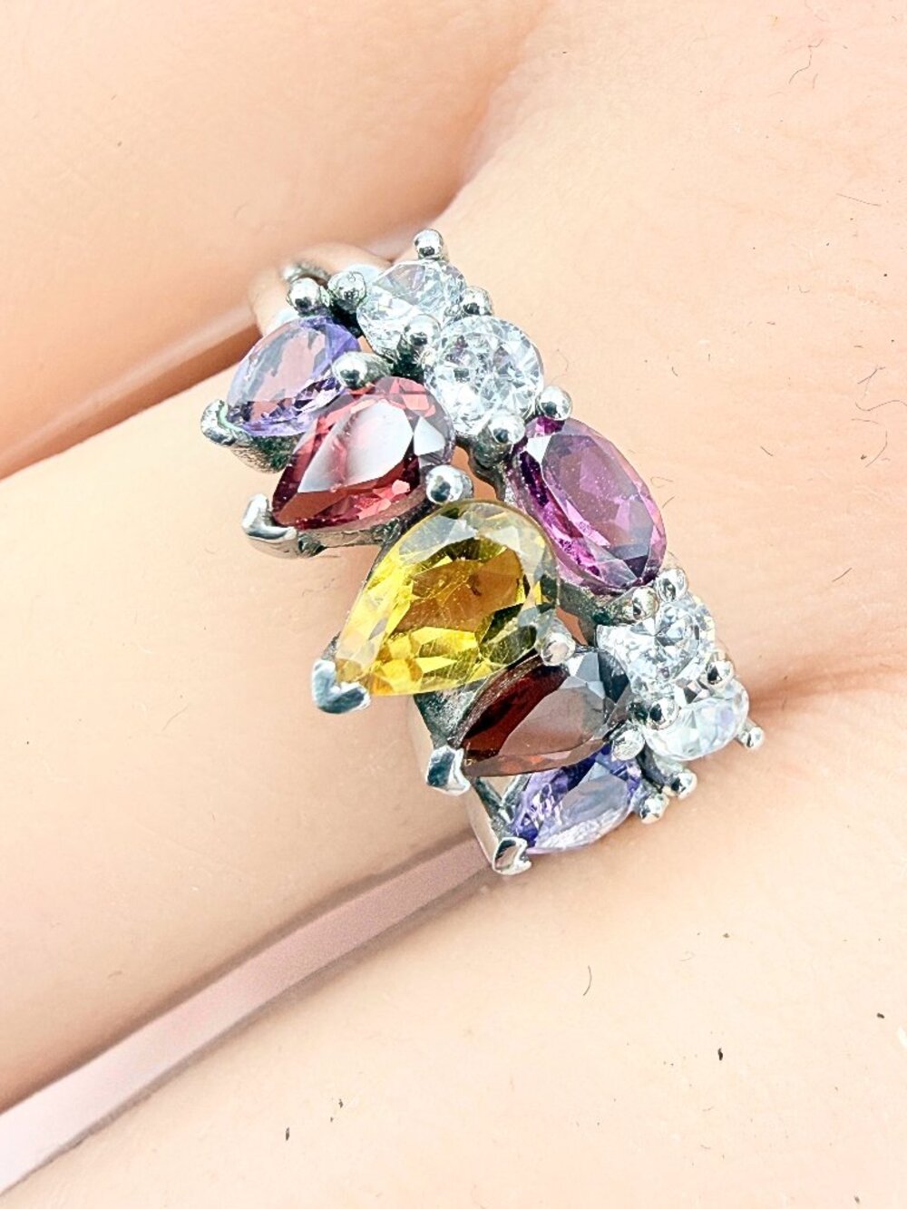 Karis Signed Sterling Silver Multi Lab Stones Rainbow Cluster Cocktail Ring Sz 9